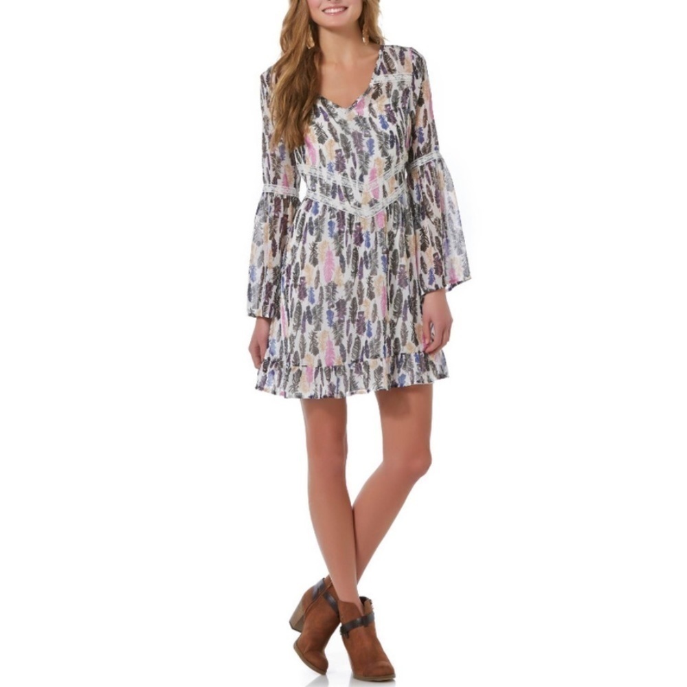 NWT Bongo Sheer Feather Print Boho Dress Size Medium